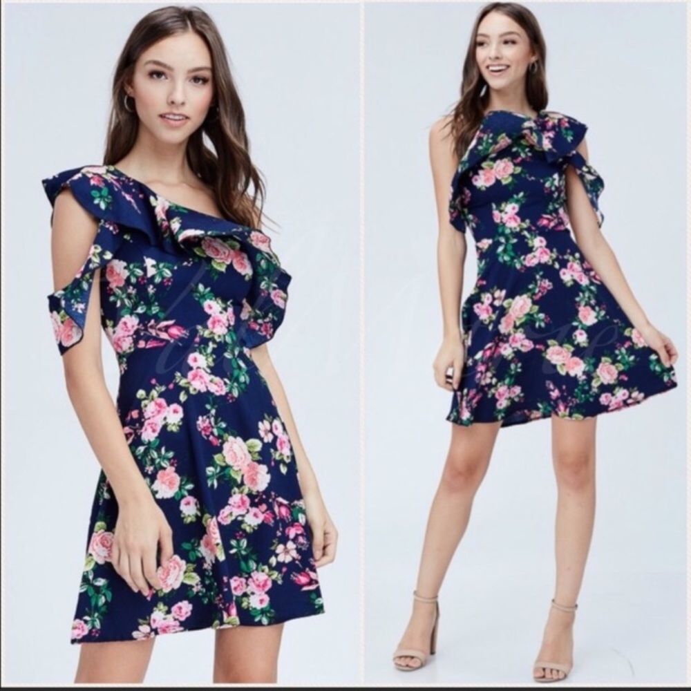 Navy Floral Cold Shoulder Dress